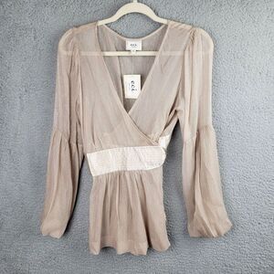 ECI Wrap Blouse Champagne 10 Balloon Sleeve Metallic Shimmer Cocktail